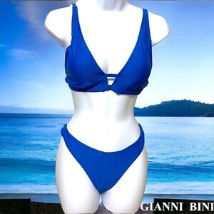 Gianni Bini Strappy Bralette Top Scoop Cheeky Bottom Color Ribbon Blue Size L